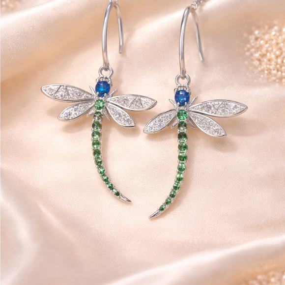 Anthropologie Jewelry - Emerald Green Dragonfly Dangle Earrings